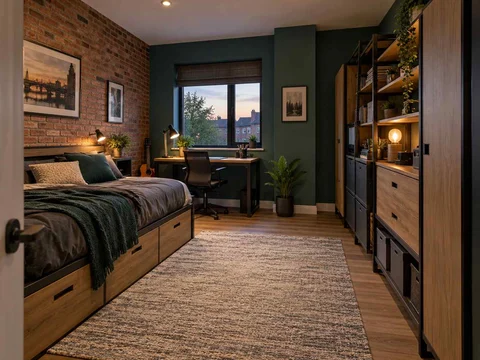 AI concept of a bedroom combining low storage with taller cabinetry or shelving, with dark accents and warm timber furniture