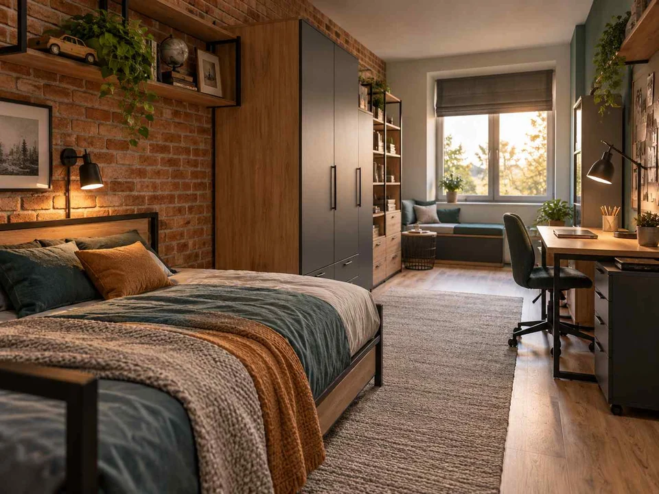 AI concept of a long bedroom with sleeping and study areas arranged along its length, with dark accents and warm timber furniture