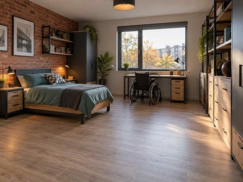 AI concept of a bedroom with an open central floor area and furniture arranged around its edges, with dark accents and warm timber furniture
