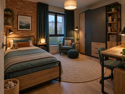 AI concept of a bedroom arranged around sleep, storage and a small sitting area, with dark accents and warm timber furniture