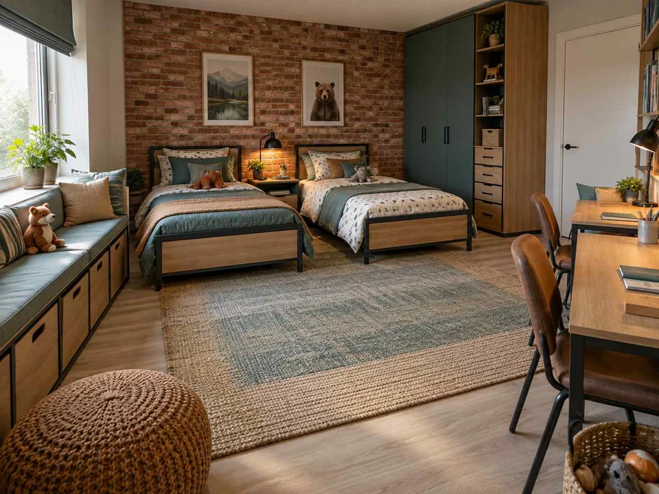 AI concept of a shared bedroom with twin sleeping areas and daylight from the window side, with dark accents and warm timber furniture