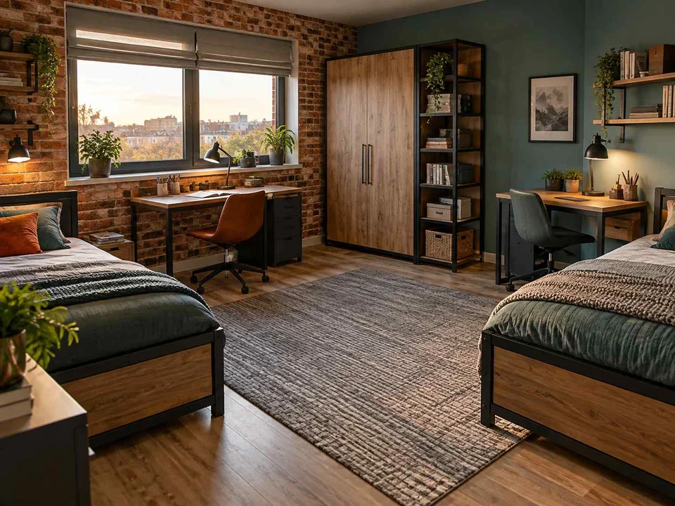 AI concept of a shared bedroom with two sleeping areas and desk space, with dark accents and warm timber furniture