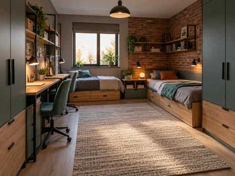 AI concept of a shared bedroom with two sleeping areas and study furniture, with dark accents and warm timber furniture
