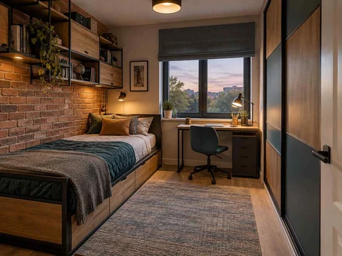 AI concept of a small bedroom with a bed, study furniture and integrated storage, with dark accents and warm timber furniture
