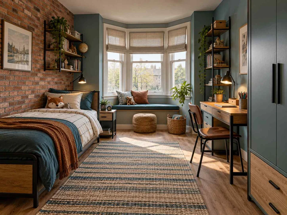 AI concept of a bedroom with a window-side seating area, with dark accents and warm timber furniture