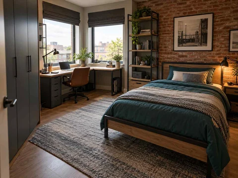 AI concept of a bedroom with a desk positioned near a window, with dark accents and warm timber furniture