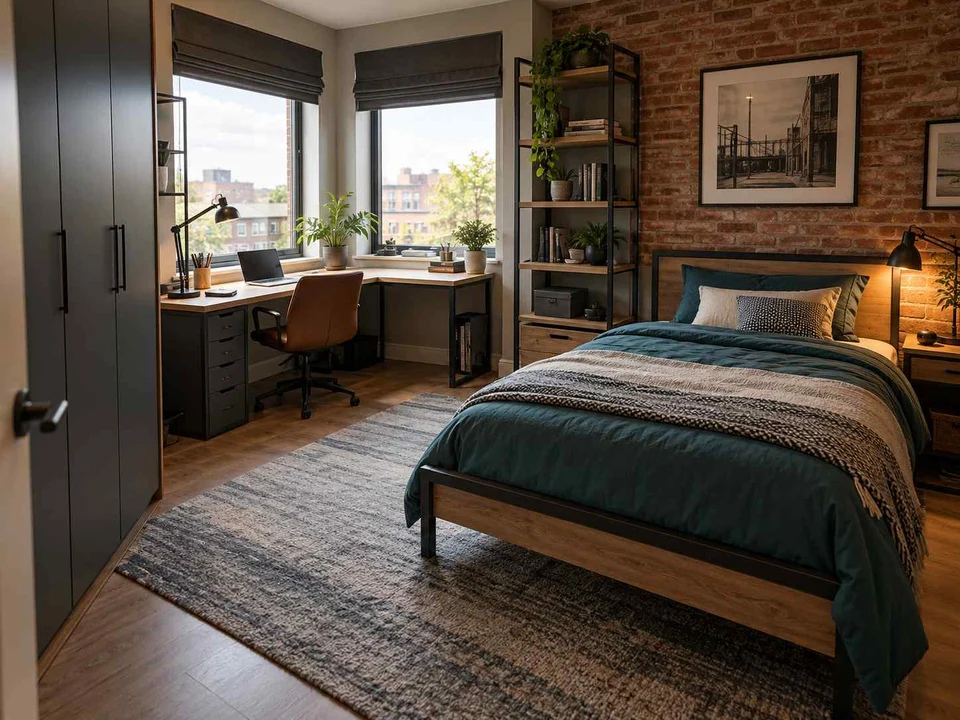 AI concept of a bedroom with a desk positioned near a window, with dark accents and warm timber furniture