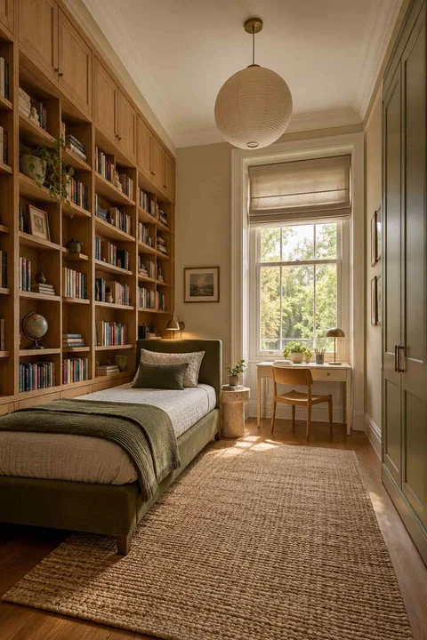 AI concept: tall book shelving lines a narrow bedroom beside a bed and distant window desk