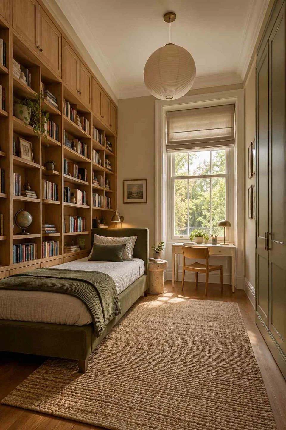 AI concept: tall book shelving lines a narrow bedroom beside a bed and distant window desk