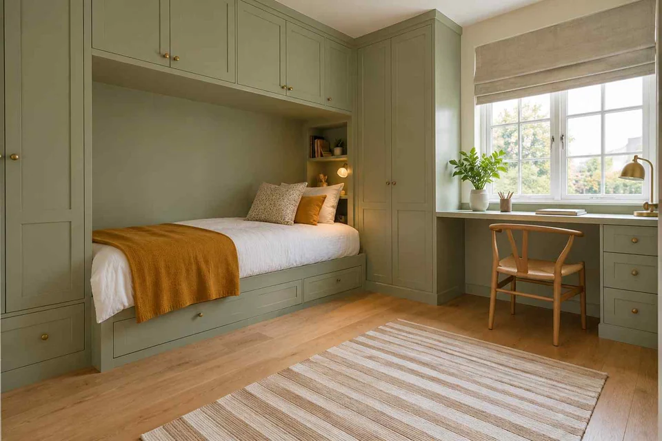 AI concept: pale green cabinetry surrounds a bed nook and continues toward a window desk