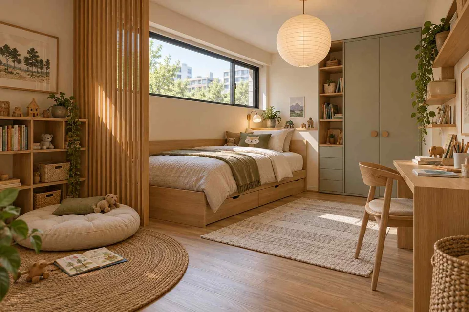 AI concept: a low timber bed, slatted room divider and woven floor cushions in a Japandi bedroom