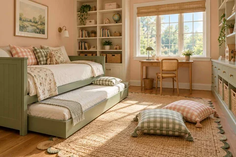 AI concept: a daybed with a pull-out lower bed, floor cushions and a desk near the window