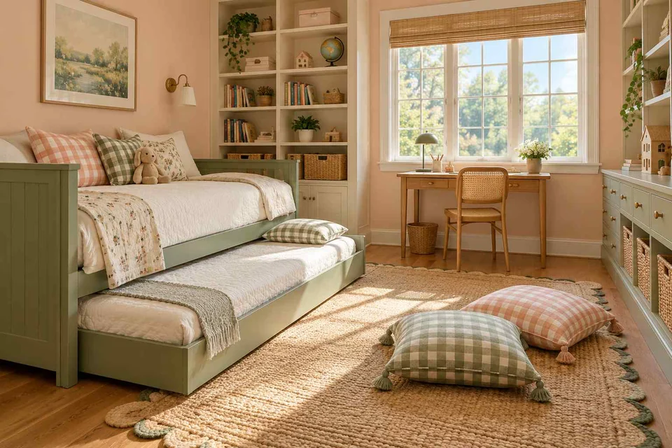 AI concept: a daybed with a pull-out lower bed, floor cushions and a desk near the window
