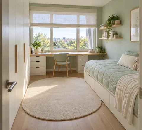 AI concept: a compact bedroom with a long window desk and a single bed along one wall