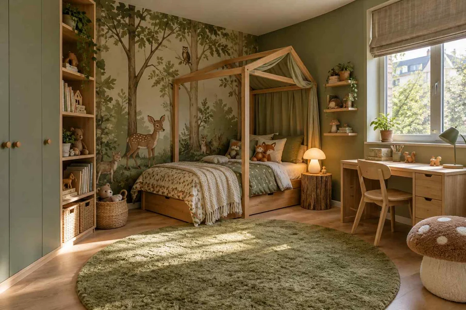 AI concept: a timber house-frame bed, woodland mural and green circular rug beside a desk