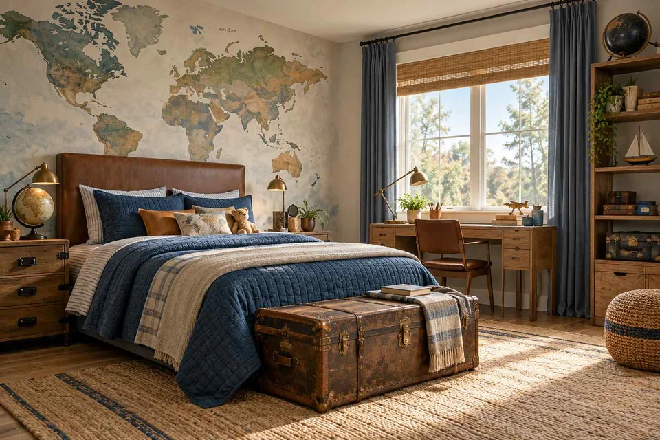 AI concept: a map mural, blue bed and trunk-style storage in an explorer-themed bedroom