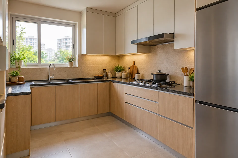AI kitchen concept: pale wood lower cabinets turn around a window-side sink, with a short return at the left and cooking drawers on the right.