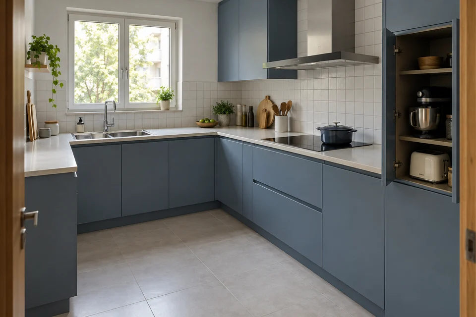 AI kitchen concept: a blue-grey corner kitchen includes an open tall cupboard holding countertop appliances beside the main worktop.