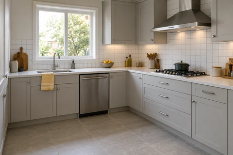AI kitchen concept: a light-grey corner kitchen places a closed dishwasher beside the window-side sink and deep drawers below the cooking run.