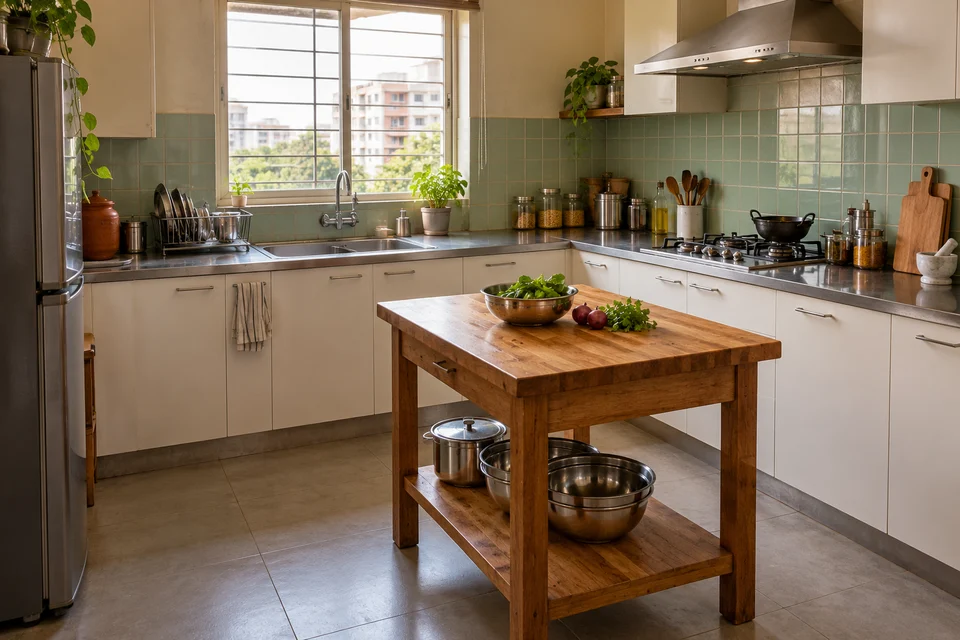AI kitchen concept: a freestanding timber worktable adds a preparation surface and lower shelf to a white kitchen with mint-coloured wall tiles.