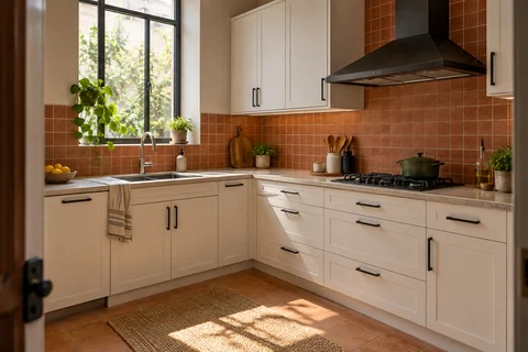 AI kitchen concept: white cabinets and a terracotta-coloured tiled wall frame a corner kitchen with a window-side sink and separate cooking run.