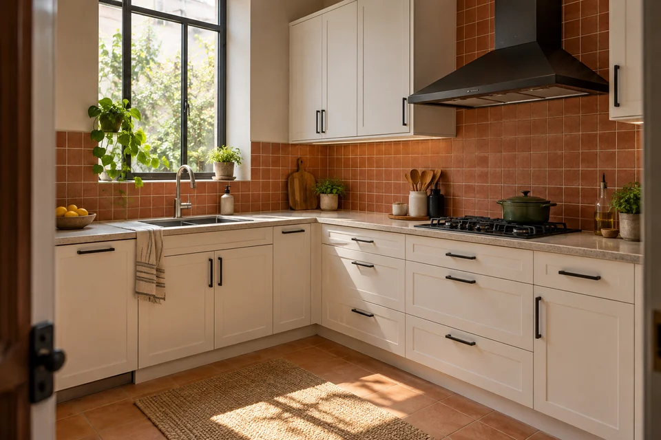 AI kitchen concept: white cabinets and a terracotta-coloured tiled wall frame a corner kitchen with a window-side sink and separate cooking run.