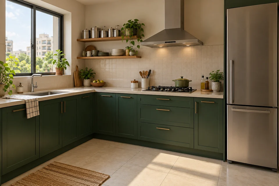 AI kitchen concept: dark green base cabinets turn around a window-side sink, with two open shelves beside the wall-mounted extractor.