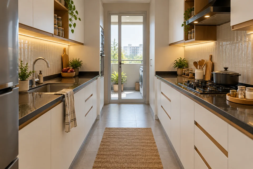 AI kitchen concept: two white counter runs leave a central route to glazed doors opening towards a utility balcony.
