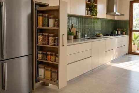 AI kitchen concept: a tall pull-out pantry displays dry-food jars beside the refrigerator, with a cream kitchen run extending along the wall.