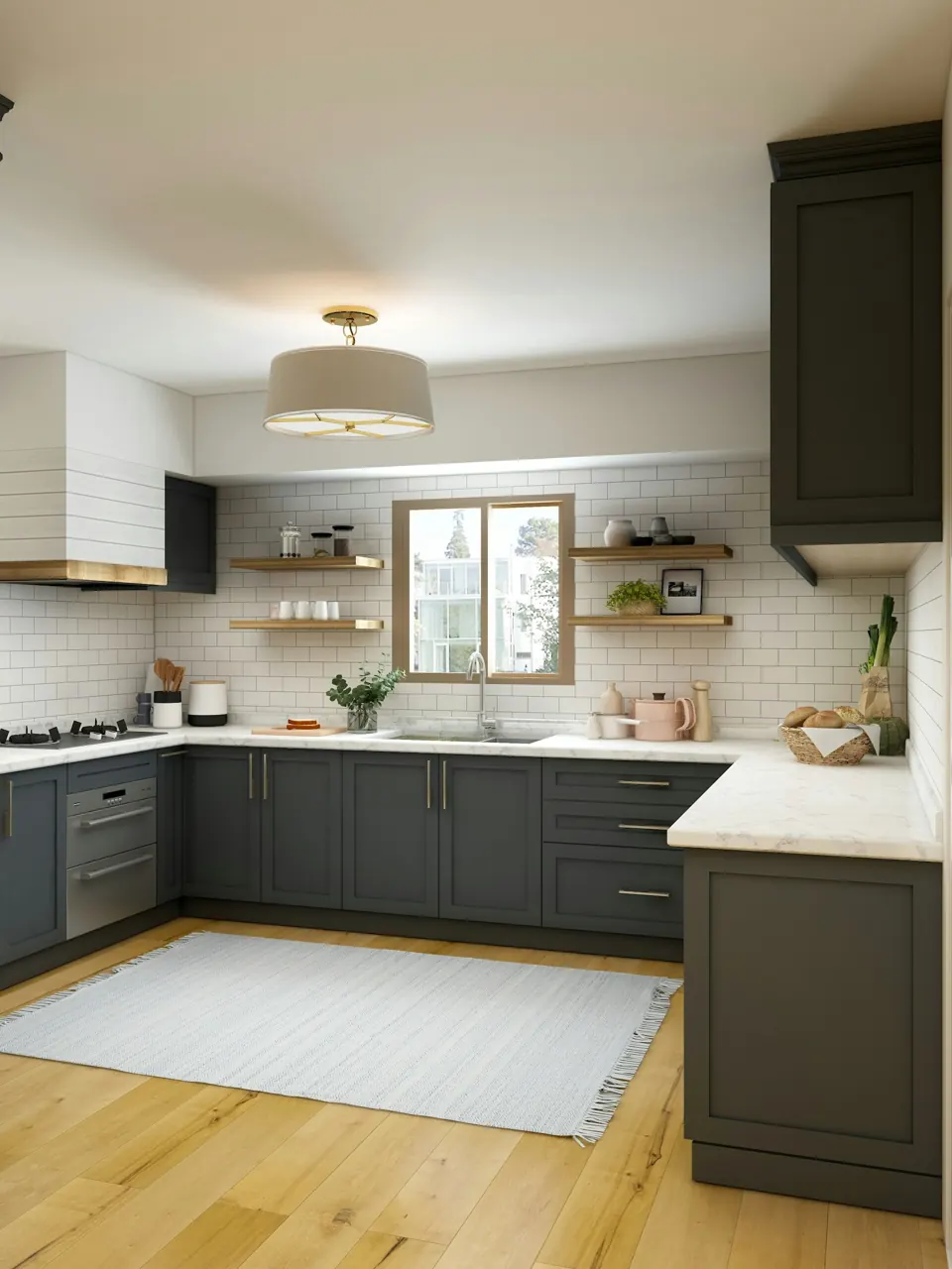Charcoal kitchen cabinetry, pale worktops and a white tiled splashback