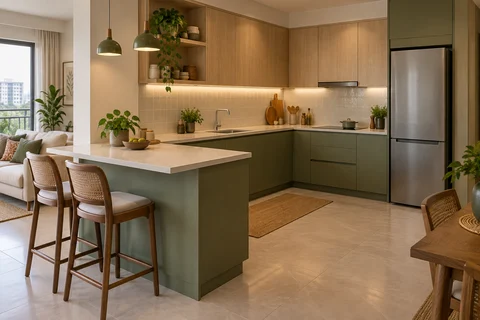 AI kitchen concept: an olive kitchen opens to the living area through a plain breakfast peninsula with two stools on its outer side.