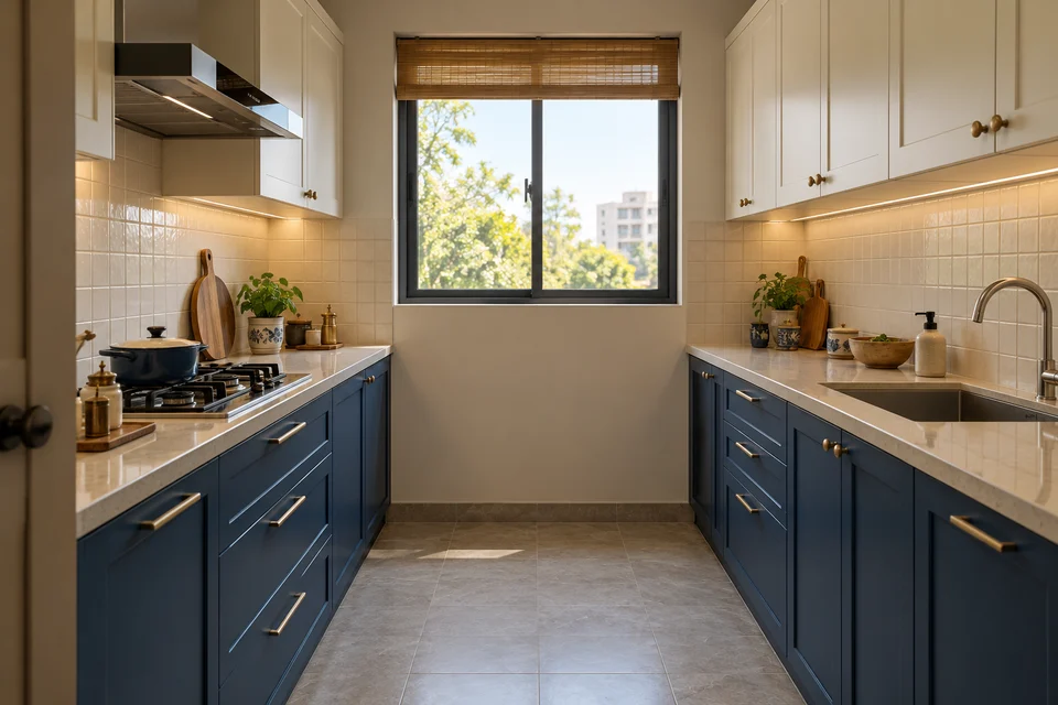 AI kitchen concept: navy lower cabinetry forms two opposing counter runs, with the sink on one side and cooking on the other.