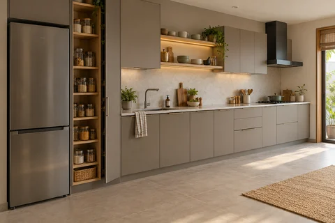 AI kitchen concept: a grey single-wall kitchen combines a refrigerator, tall open pantry, sink and cooking zone along one edge.