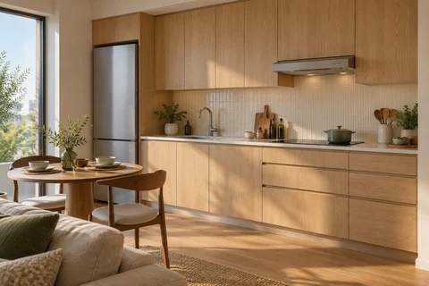 AI kitchen concept: a timber-look kitchen occupies one wall beside a separate round dining table and the edge of a living area.