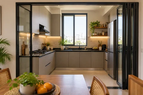 AI kitchen concept: a black-framed glazed partition separates the dining area from a compact kitchen with a dark counter and back-wall window.