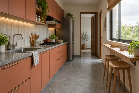 AI kitchen concept: a terracotta kitchen run faces a shallow timber-look breakfast ledge under the window, with two stools beneath it.