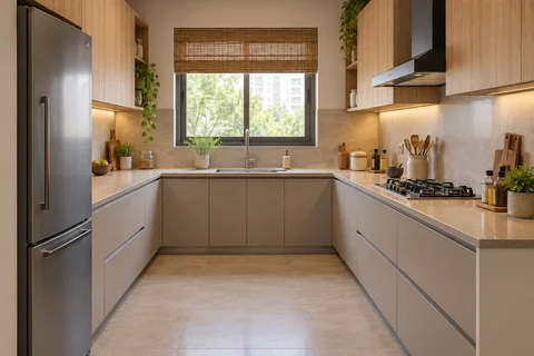 AI kitchen concept: three connected counter runs surround an open floor area, with a window sink, side cooking zone and tall refrigerator.