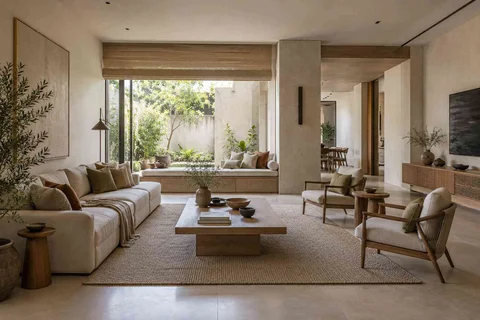 AI-generated living room design concept: asymmetric garden salon, ash and linen direction