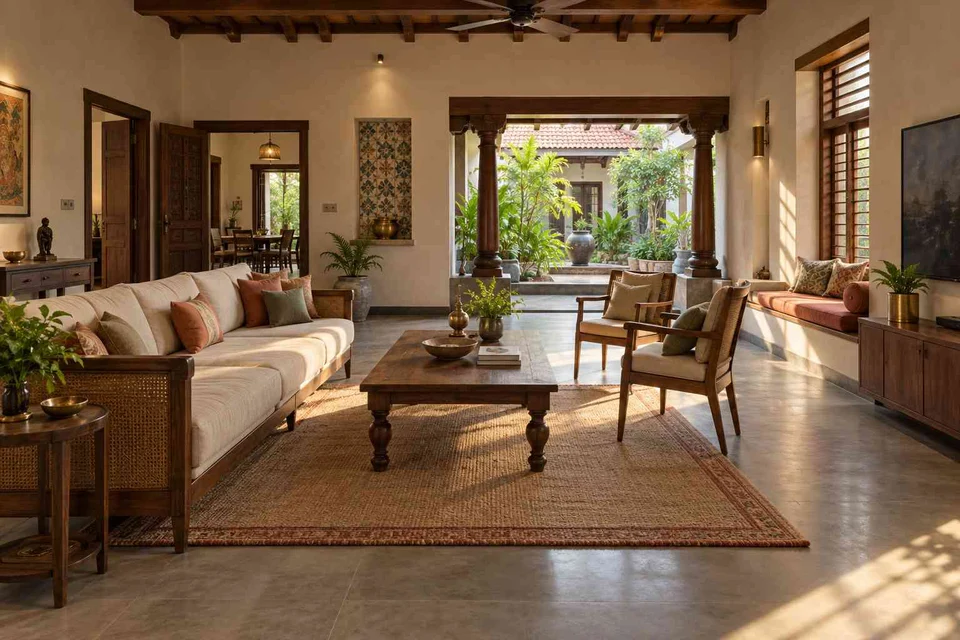 AI-generated living room design concept: asymmetric garden salon, chettinad tile direction
