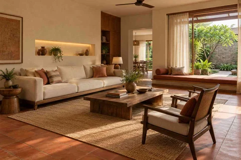 AI-generated living room design concept: asymmetric garden salon, clay artisan direction