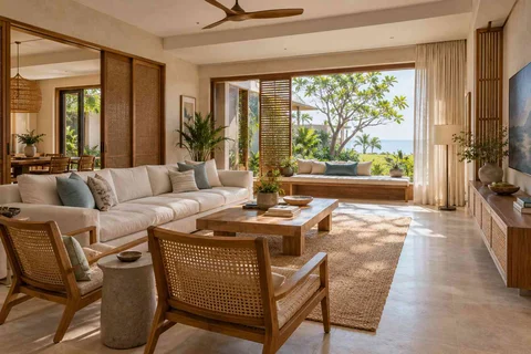 AI-generated living room design concept: asymmetric garden salon, coastal woven direction