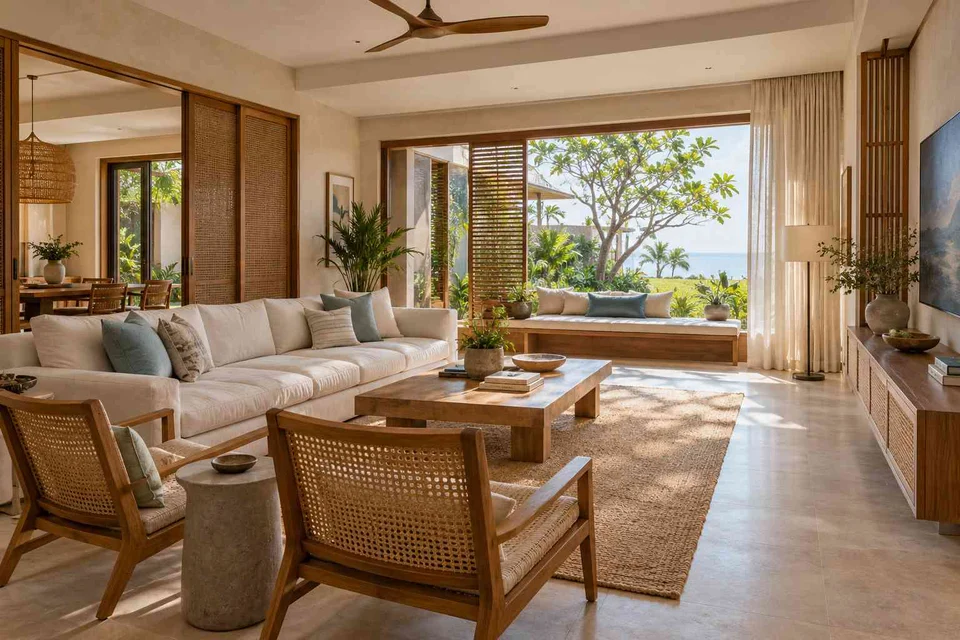 AI-generated living room design concept: asymmetric garden salon, coastal woven direction