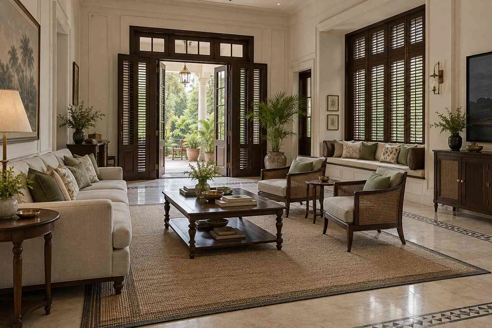AI-generated living room design concept: asymmetric garden salon, colonial quiet direction