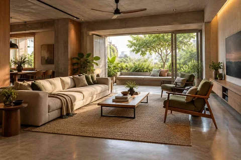 AI-generated living room design concept: asymmetric garden salon, concrete and oak direction