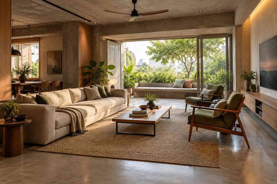 AI-generated living room design concept: asymmetric garden salon, concrete and oak direction