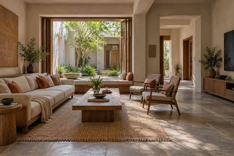 AI-generated living room design concept: asymmetric garden salon, courtyard modern direction