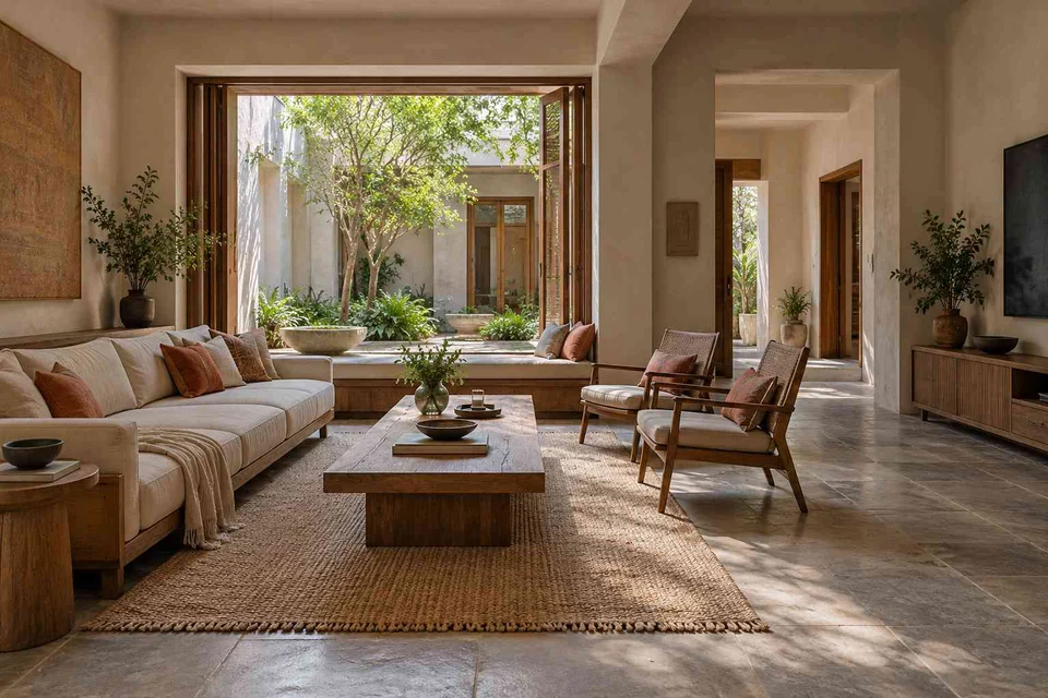 AI-generated living room design concept: asymmetric garden salon, courtyard modern direction