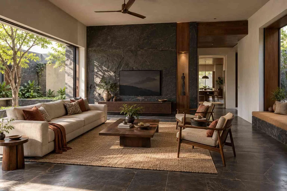 AI-generated living room design concept: asymmetric garden salon, deccan stone direction