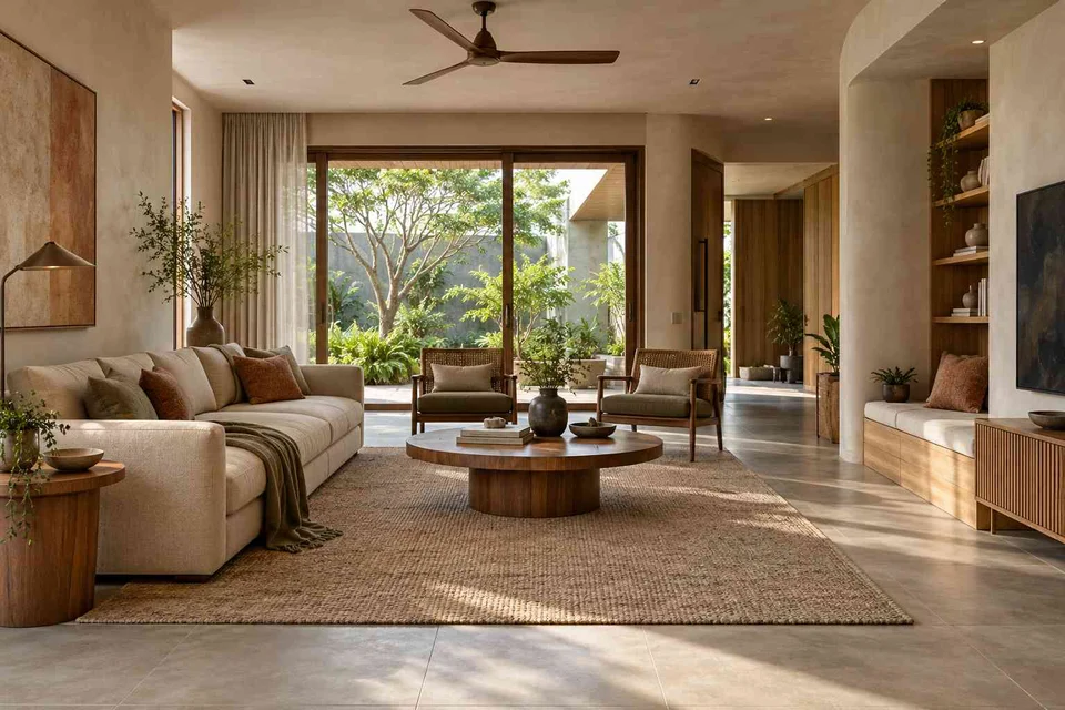 AI-generated living room design concept: asymmetric garden salon, earth and bamboo direction