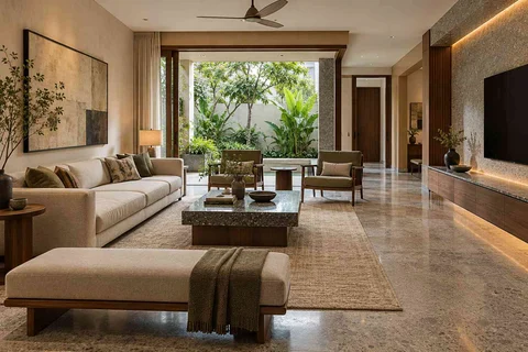 AI-generated living room design concept: asymmetric garden salon, granite precision direction